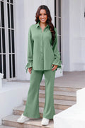 Drawstring Flounce Sleeve Shirt and Pants Set - Hovatok