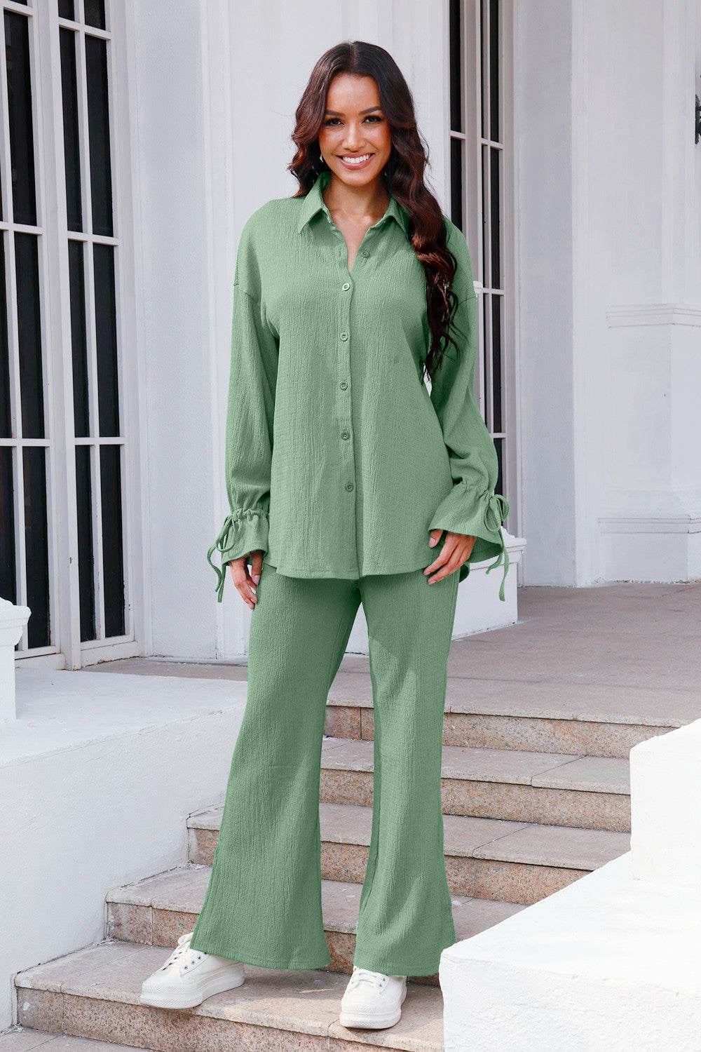 Drawstring Flounce Sleeve Shirt and Pants Set - Hovatok