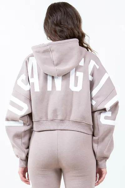 American Bazi Letter Graphic Long Sleeve Drawstring Cropped Hoodie - Hovatok