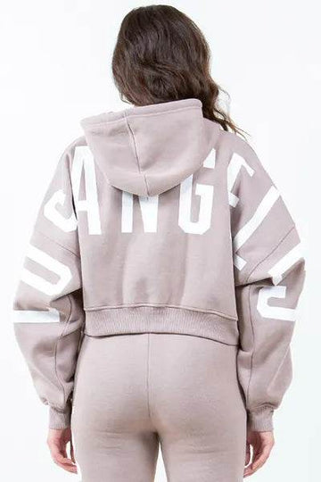 American Bazi Letter Graphic Long Sleeve Drawstring Cropped Hoodie - Hovatok