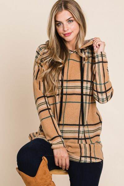 BOMBOM Drawstring Plaid Long Sleeve Hoodie - Hovatok
