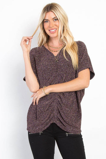 Be Stage Full Size Lurex Center Elastic Cinched Knit Top - Hovatok