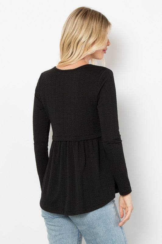 Be Stage Full Size Texture Babydoll Round Neck Long Sleeve Knit Top - Hovatok