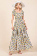 Mittoshop Flower Print Puff Sleeve Gathered Maxi Dress - Hovatok