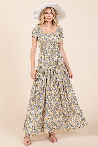 Mittoshop Flower Print Puff Sleeve Gathered Maxi Dress - Hovatok