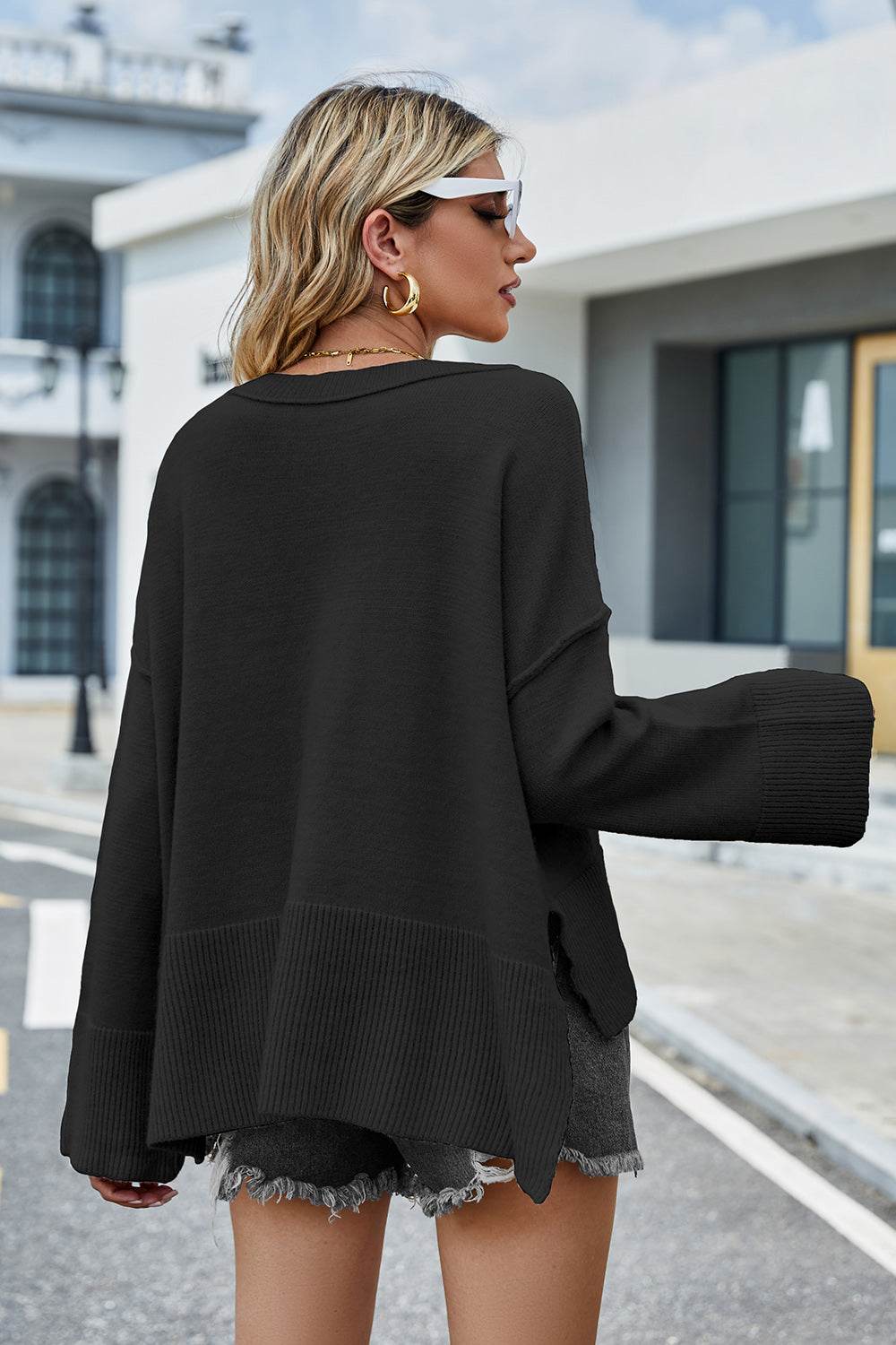 High-Low Slit Round Neck Long Sleeve Sweater - Hovatok