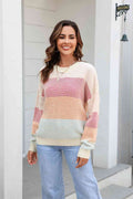 Angel Wings Waffle-Knit Round Neck Dropped Shoulder Color Block Sweater - Hovatok