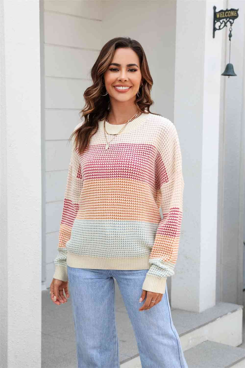 Angel Wings Waffle-Knit Round Neck Dropped Shoulder Color Block Sweater - Hovatok
