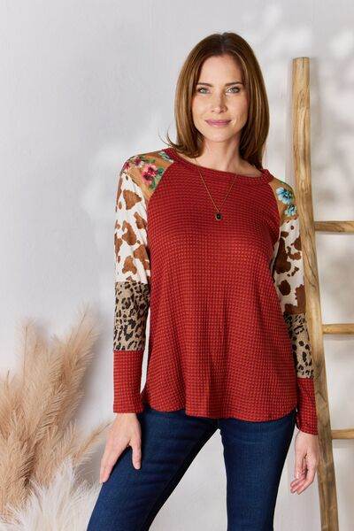 Hailey & Co Full Size Leopard Waffle-Knit Blouse - Hovatok