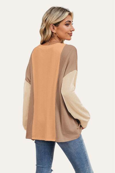 Double Take Texture Contrast Round Neck Long Sleeve T-Shirt - Hovatok