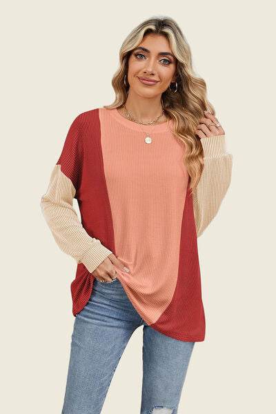 Double Take Texture Contrast Round Neck Long Sleeve T-Shirt - Hovatok