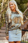 Pumpkin Graphic Leopard Round Neck Long Sleeve Sweatshirt - Hovatok