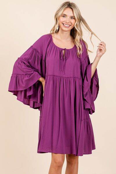 Mittoshop Frill Tie Neck Bell Sleeve Dress - Hovatok