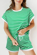 Striped Round Neck Short Sleeve Top and Shorts Set - Hovatok
