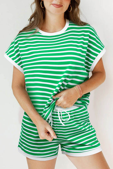 Striped Round Neck Short Sleeve Top and Shorts Set - Hovatok