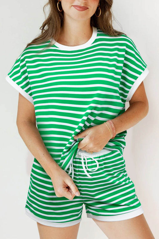 Striped Round Neck Short Sleeve Top and Shorts Set - Hovatok