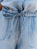 Drawstring Half Button Half Sleeve Denim Romper - Hovatok
