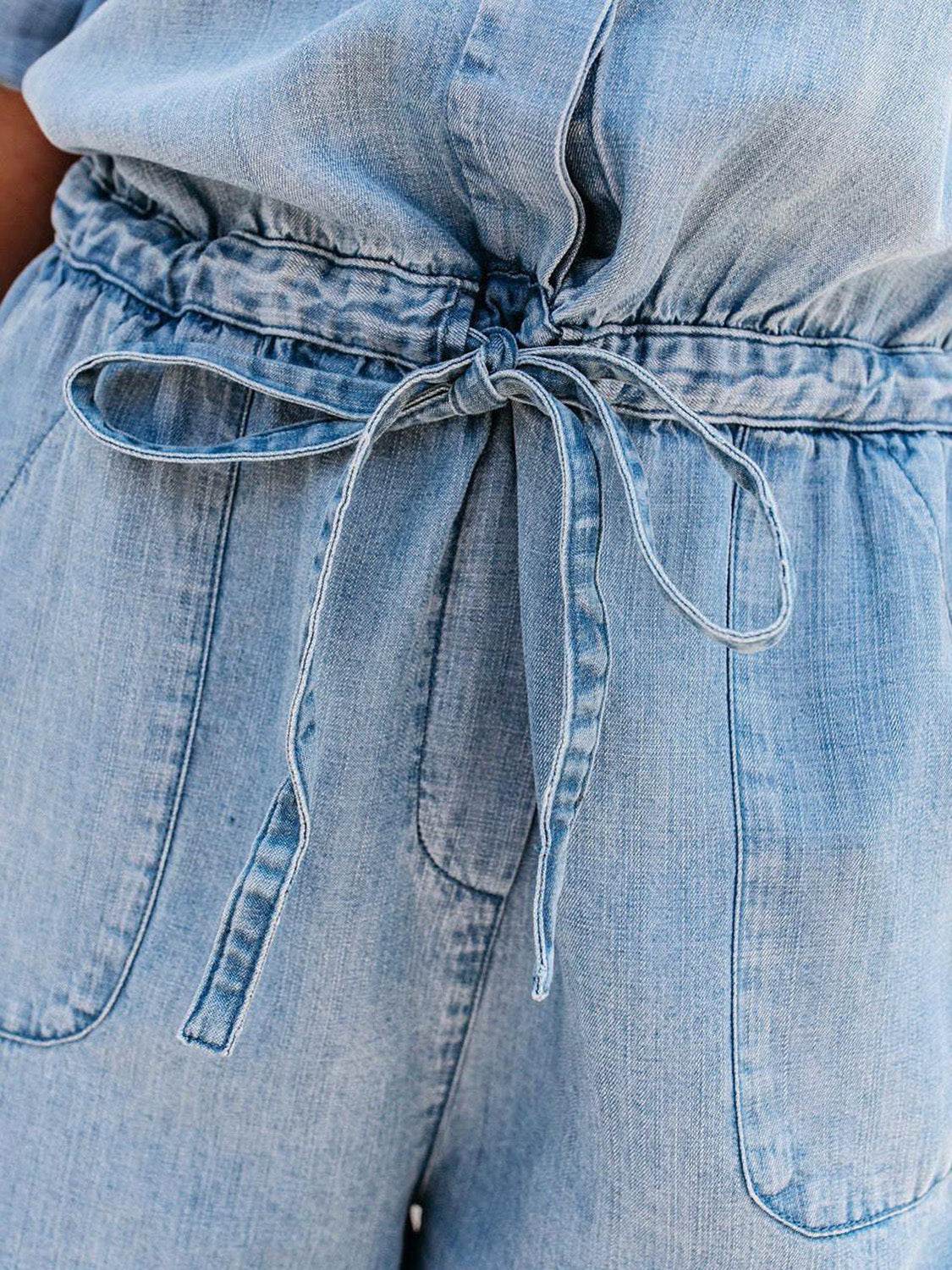 Drawstring Half Button Half Sleeve Denim Romper - Hovatok
