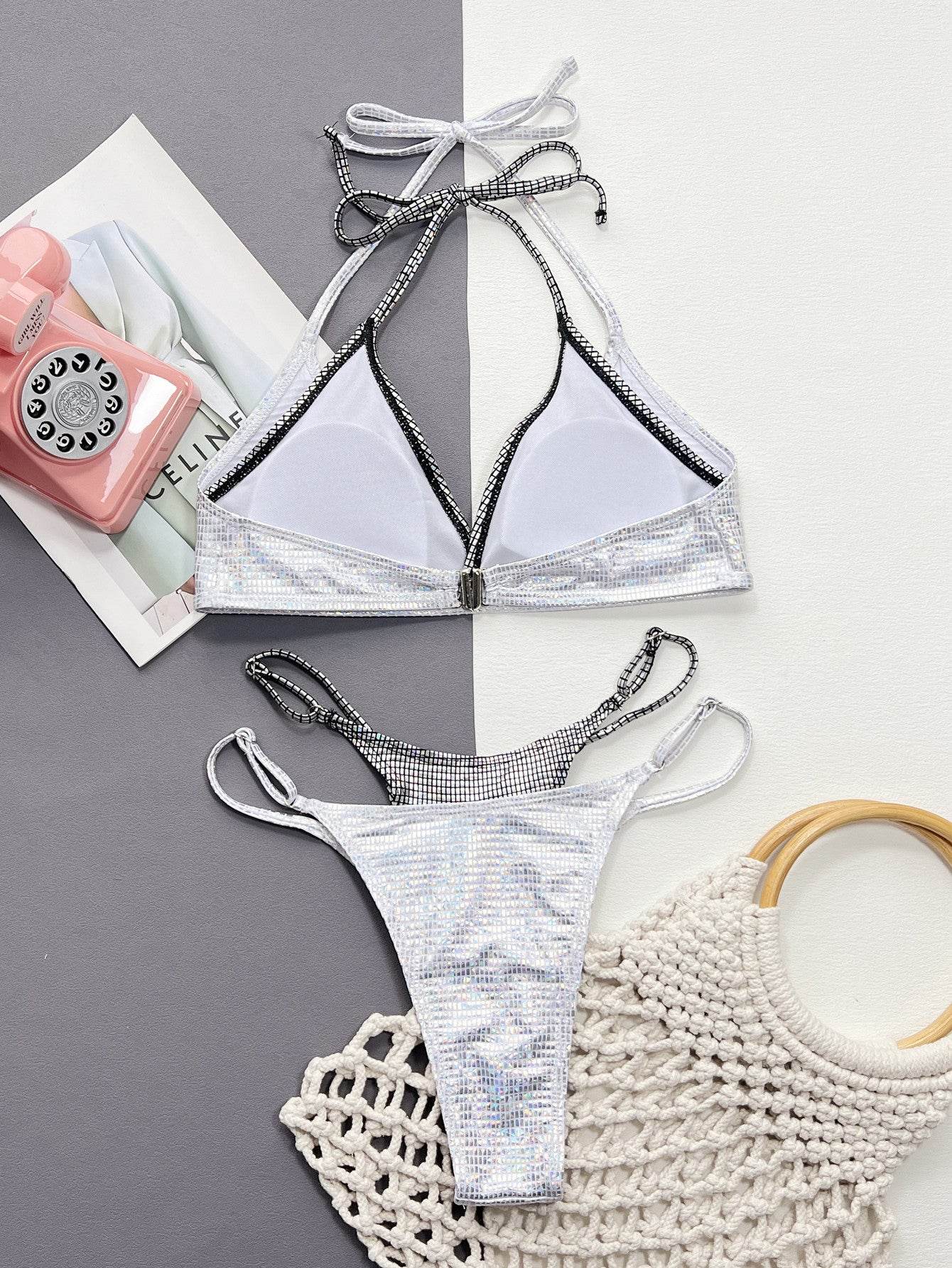 Faux Layered Halter Neck Two-Piece Bikini Set - Hovatok
