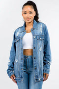 American Bazi Full Size Button Up Distressed Denim Jacket - Hovatok
