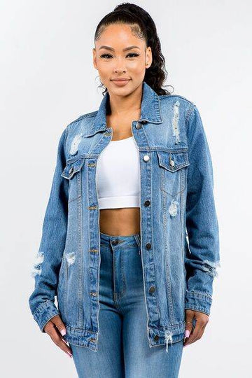 American Bazi Full Size Button Up Distressed Denim Jacket - Hovatok