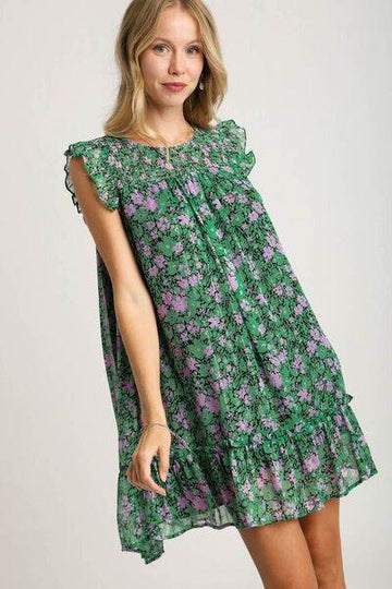 Umgee Full Size Smocked Detail Floral Metallic Ruffle Cap Sleeve Dress Plus Size - Hovatok