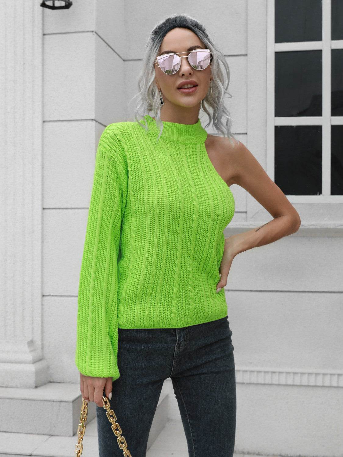 Cable-Knit Round Neck Asymmetrical Sweater - Hovatok