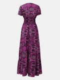 Full Size Smocked Printed V-Neck Short Sleeve Dress - Hovatok