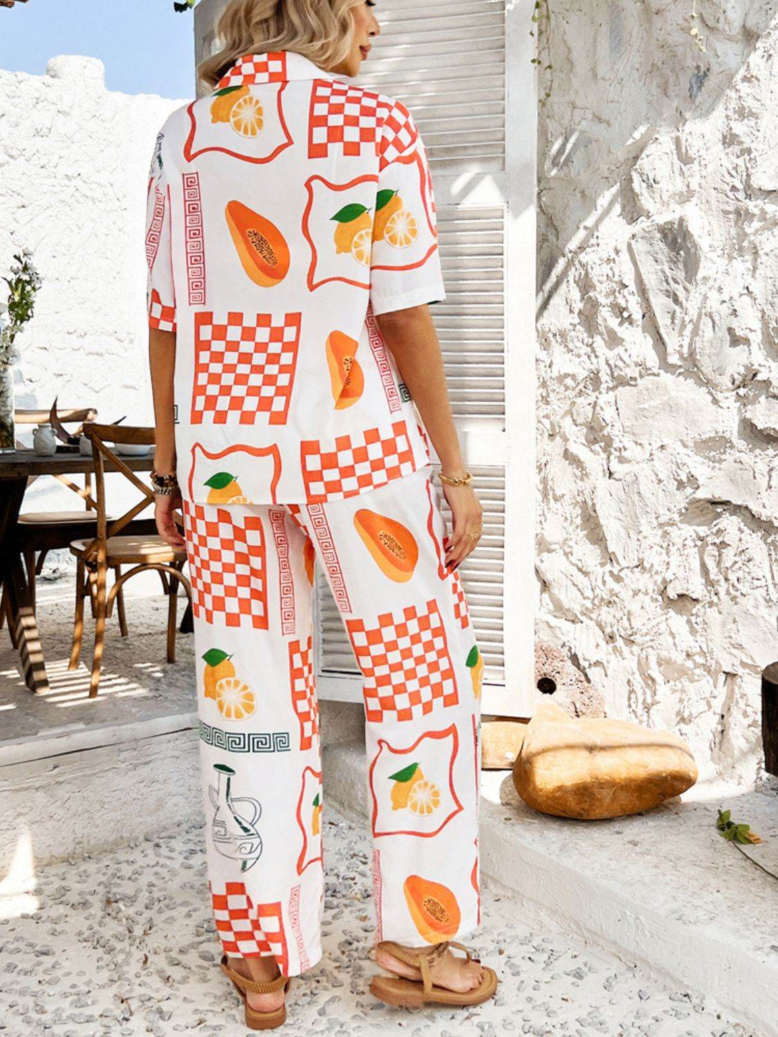 Devine Printed Collared Neck Half Sleeve Top and Pants Set - Hovatok