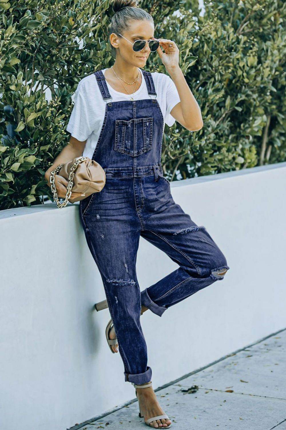 Pocketed Distressed Denim Overalls - Hovatok