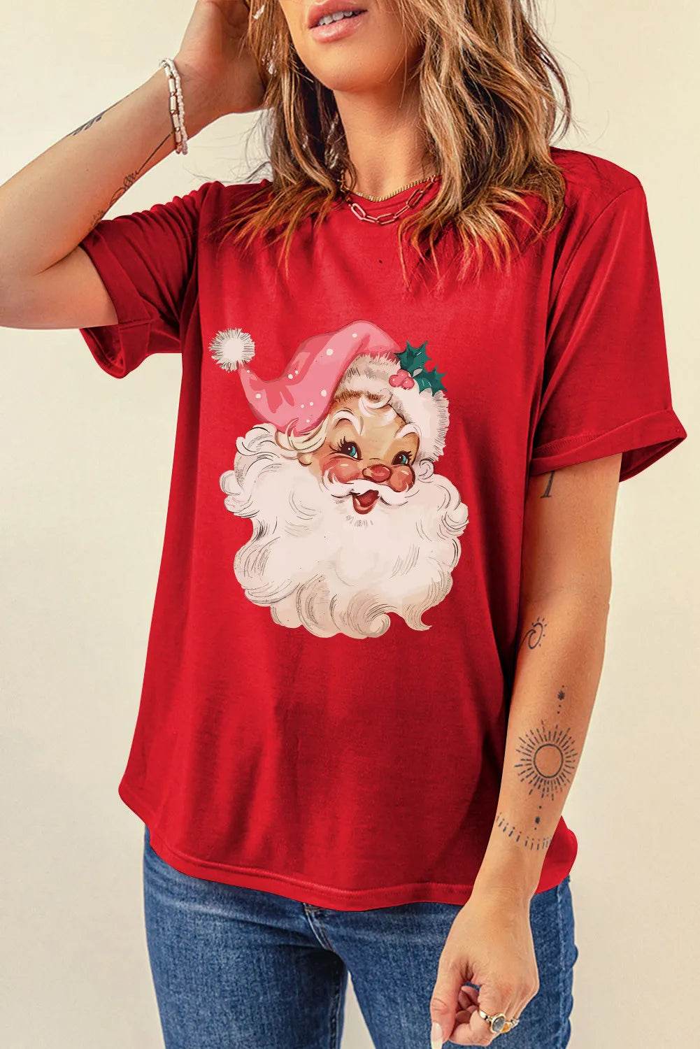 Santa Round Neck Short Sleeve T-Shirt - Hovatok