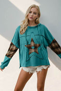 Double Take Drawstring Plaid Star Patch Long Sleeve Hoodie - Hovatok