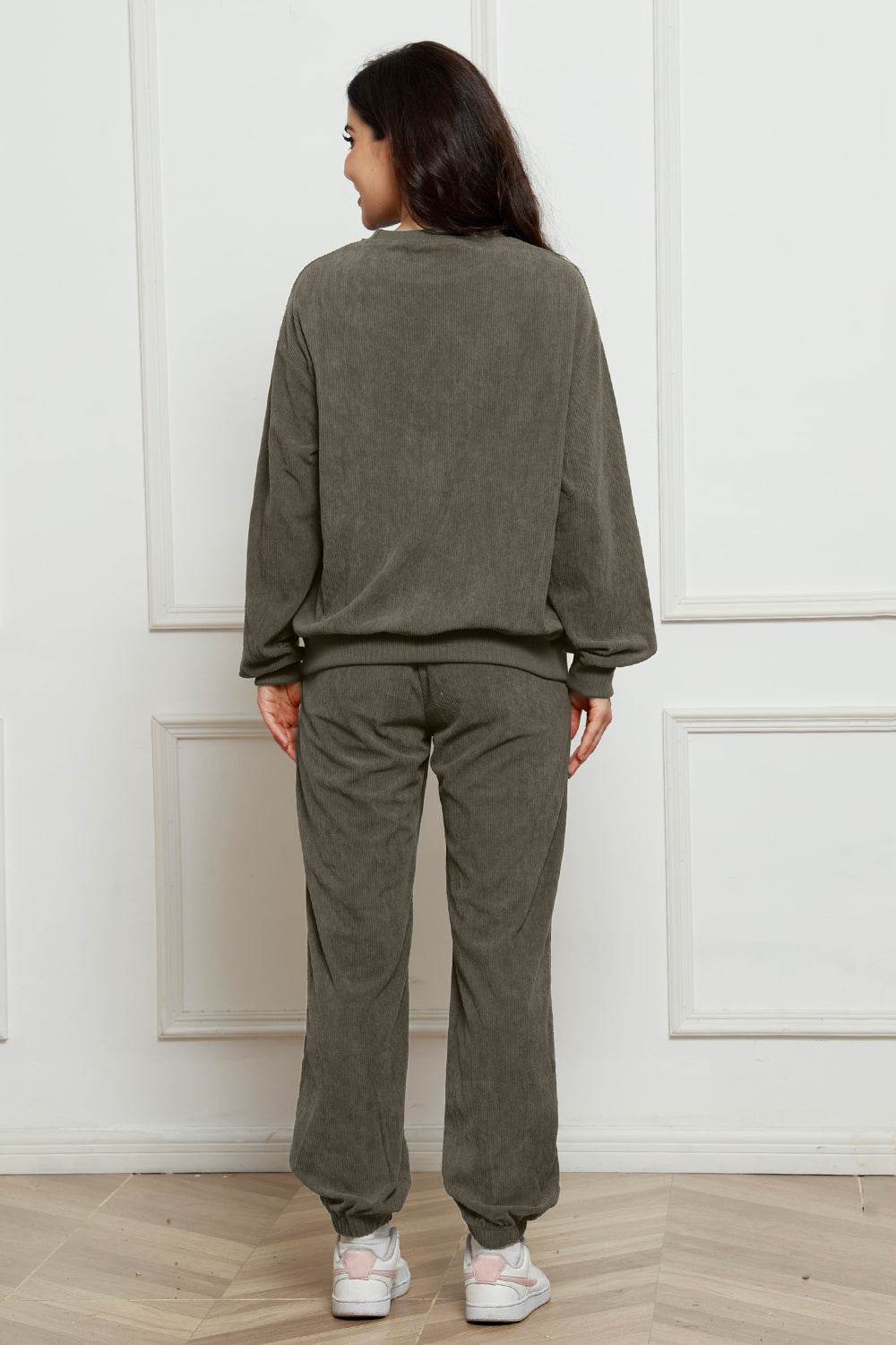 Corduroy Round Neck Sweatshirt and Sweatpants Set - Hovatok