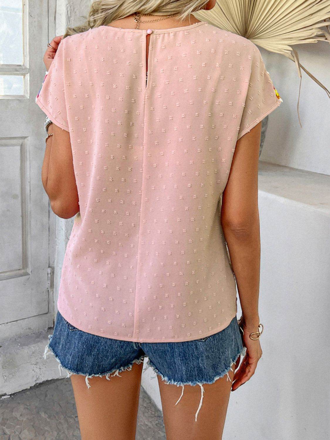 Devine Swiss Dot Round Neck Crochet Short Sleeve Top - Hovatok