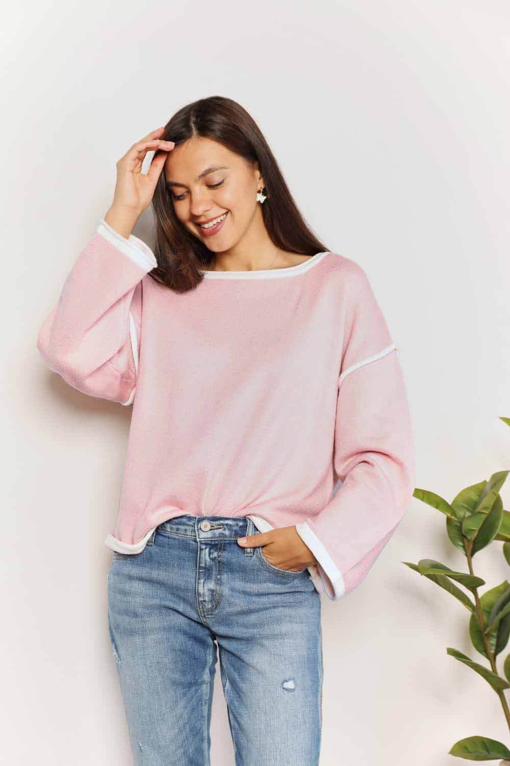 Angel Wings Contrast Detail Dropped Shoulder Knit Top - Hovatok