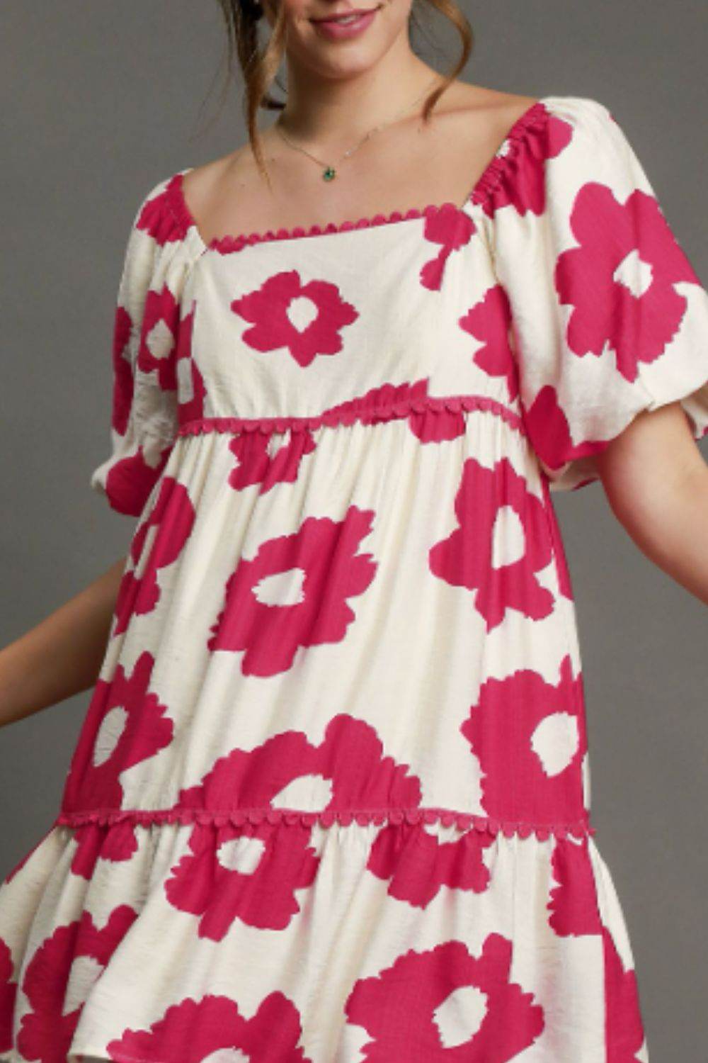 Umgee Full Size Contrast Floral Short Sleeve Mini Dress Plus Size - Hovatok