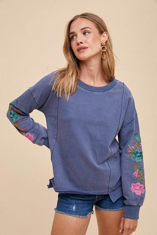Annie Wear Embroidered Long Sleeve French Terry Top - Hovatok