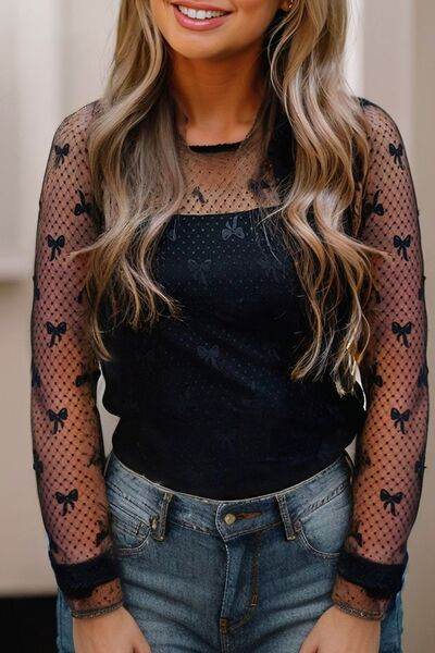 Bow Round Neck Sheer Top - Hovatok