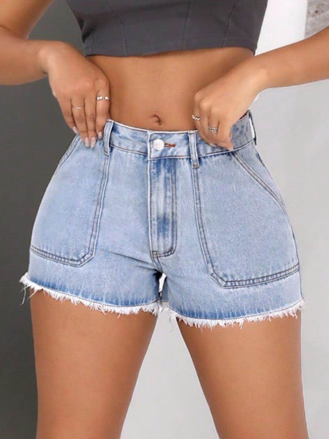 Raw Hem Pocketed Denim Shorts - Hovatok