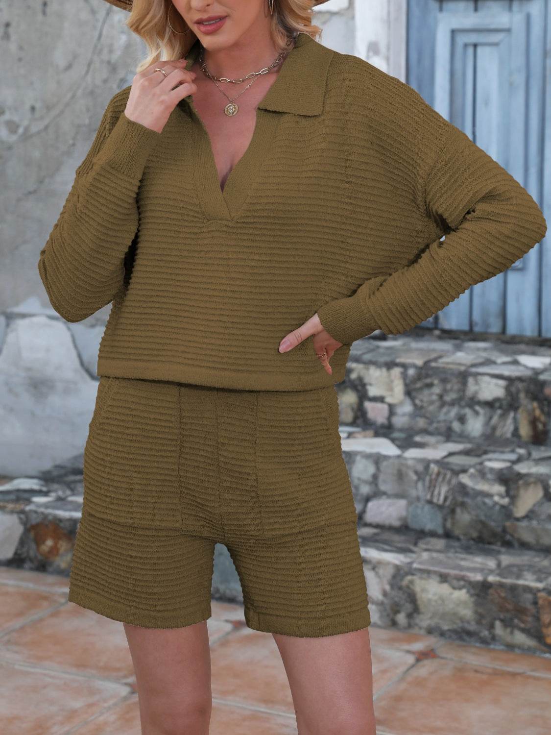 Johnny Collar Long Sleeve Top and Shorts Sweater Set - Hovatok