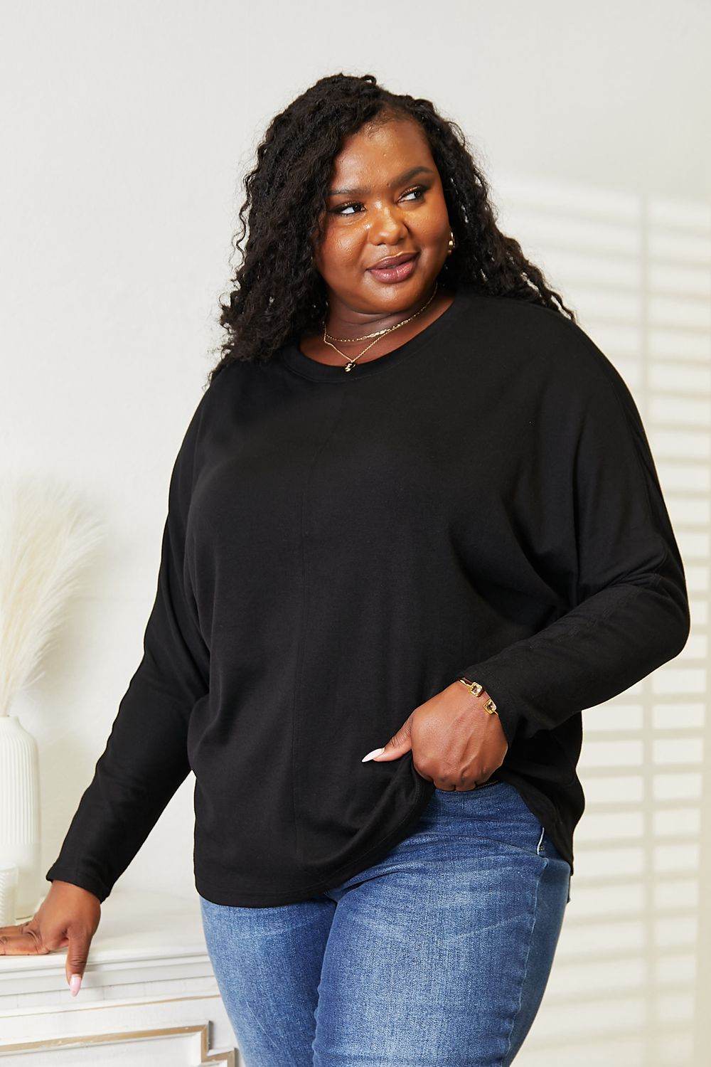 Double Take Seam Detail Round Neck Long Sleeve Top - Hovatok