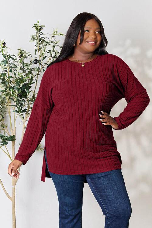 Basic Bae Full Size Ribbed Round Neck Long Sleeve Slit Top - Hovatok