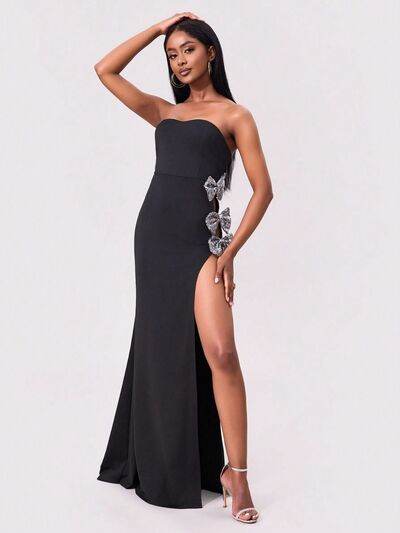 Slit Bow Trim Tube Maxi Dress - Hovatok