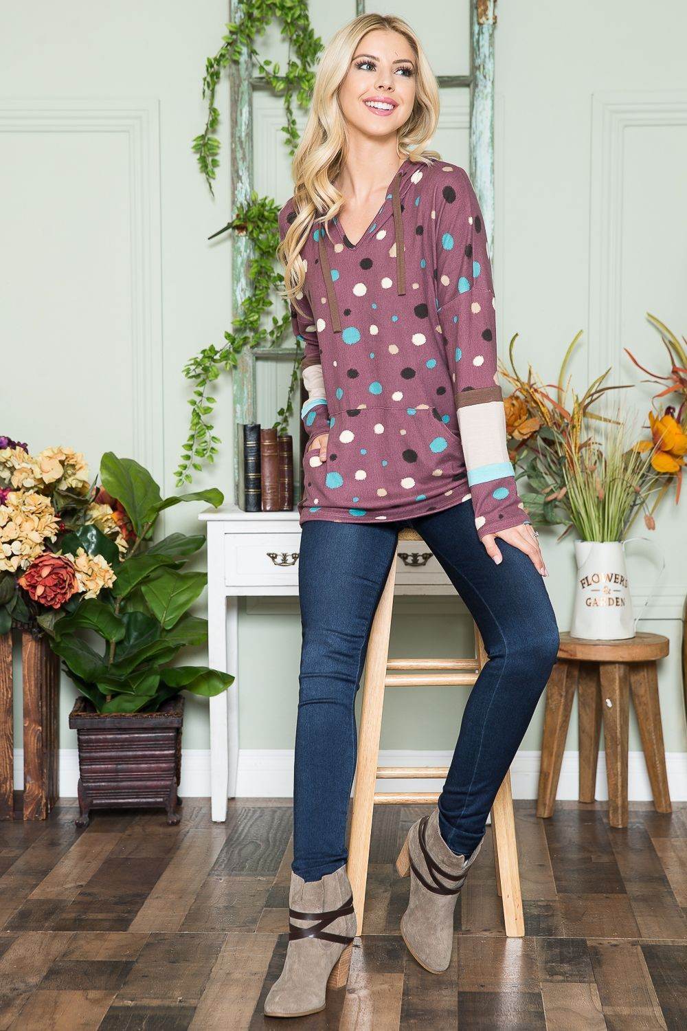 Celeste Full Size Polka Dot Drawstring Hoodie - Hovatok