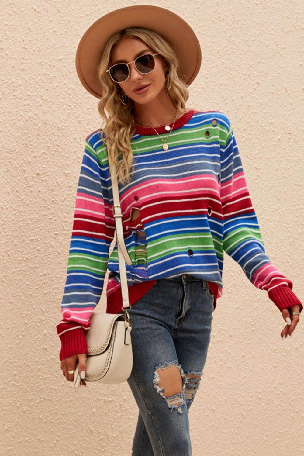 Striped Distressed Cutout Round Neck Sweater - Hovatok