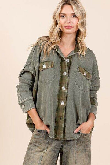 Mittoshop Mineral Washed Plaid Button Down Shacket - Hovatok