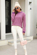 Angel Wings Striped Round Neck Dropped Shoulder Sweater - Hovatok