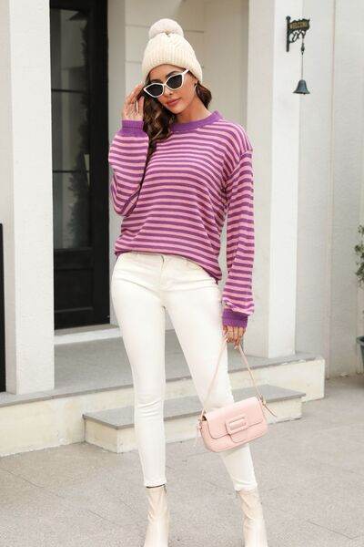 Angel Wings Striped Round Neck Dropped Shoulder Sweater - Hovatok