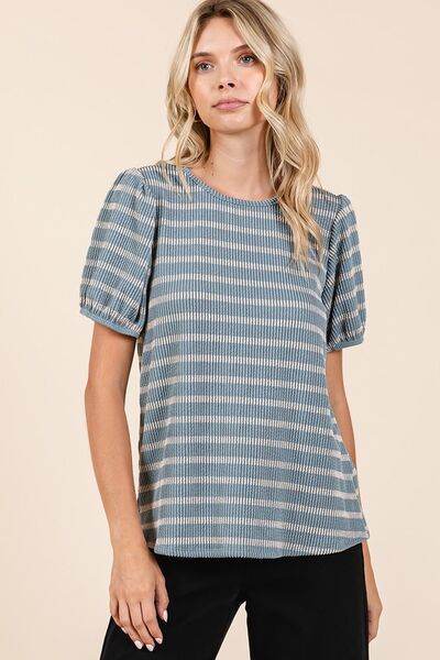 Mittoshop Contrast Striped Short Puff Sleeve Knit Top - Hovatok