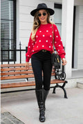 Angel Wings Woven Right Polka Dot Round Neck Dropped Shoulder Sweater - Hovatok